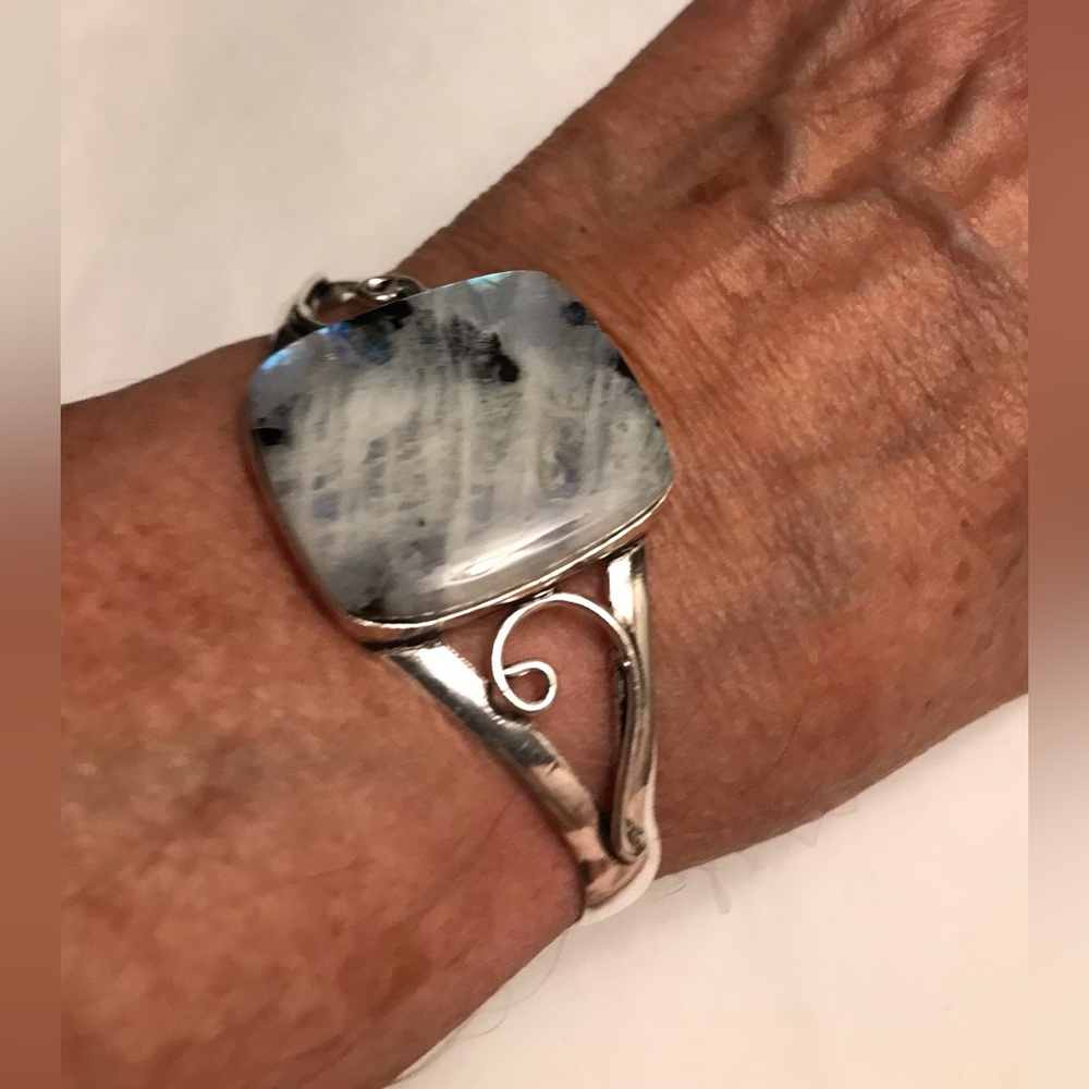 Rainbow Fire Moonstone Stamped 925 Sterling Silver Cuff Bracelet